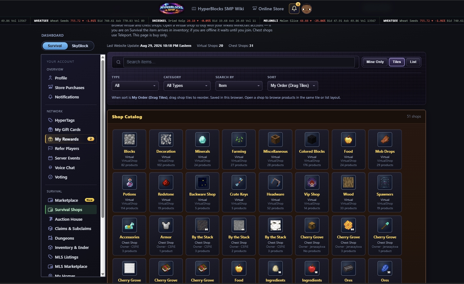 Shop categories including farming and crops used by Prediction Markets and the Farming Index.
