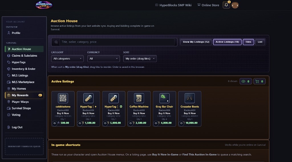 Account Auction House: listing tiles and filters.