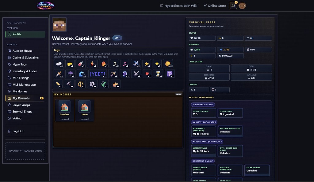 Account Profile: tags, homes, and survival stats sidebar.